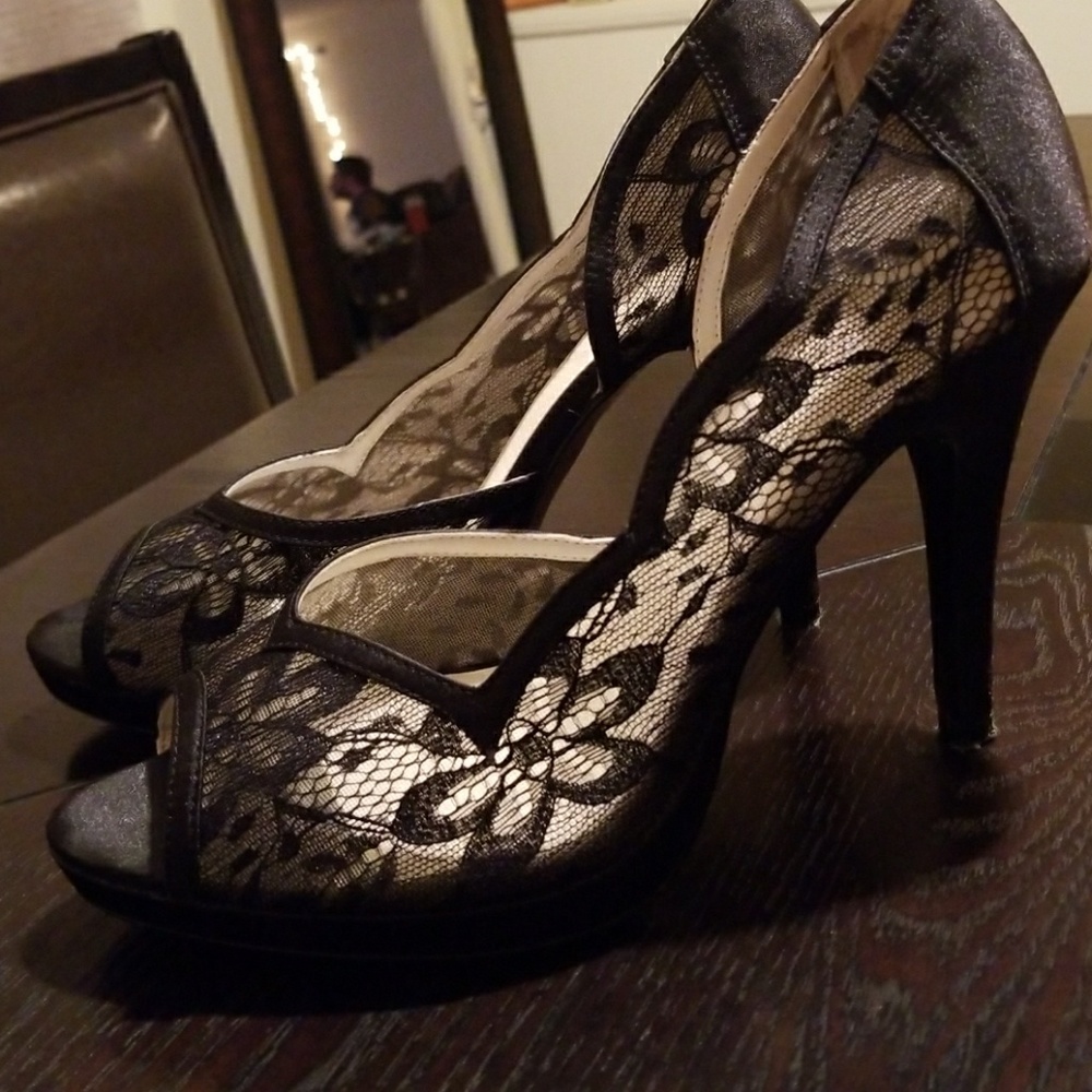 Black lace and satin heels